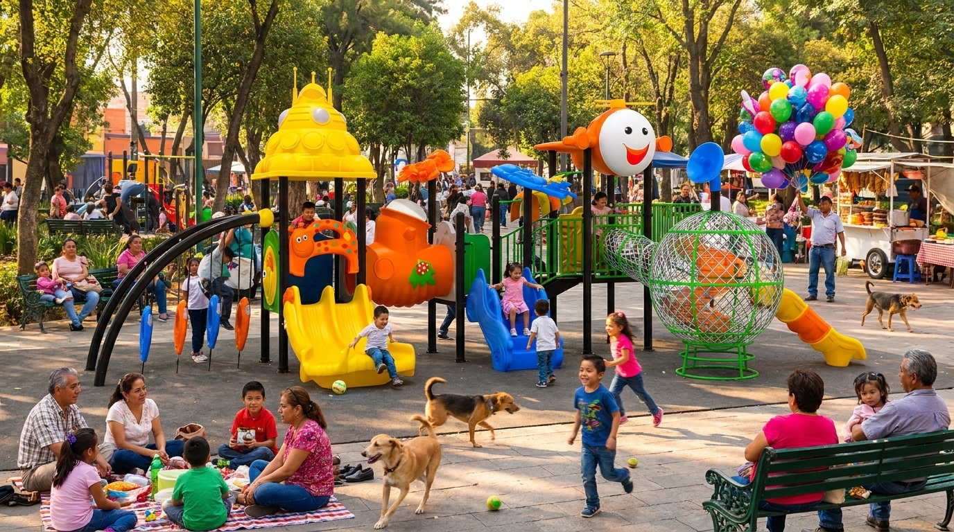 Familias jugando en un parque público con juegos Murban